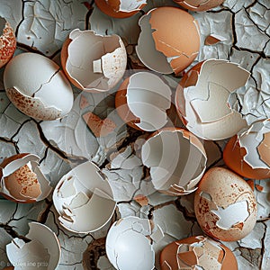 Cracked egg shells scattered surface creating artistic pattern. Close-up view broken egg shells various cracks and textures