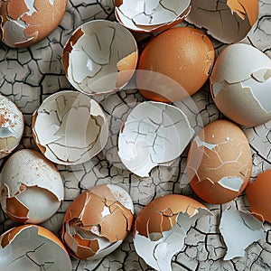 Cracked egg shells scattered surface creating artistic pattern. Close-up view broken egg shells various cracks and textures