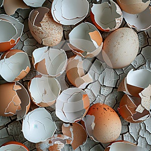 Cracked egg shells scattered surface creating artistic pattern. Close-up view broken egg shells various cracks textures forming