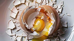 A cracked egg on a white plate with broken shell, AI
