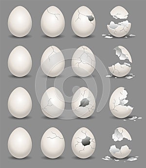 Cracked eggs. Eggshell cracking stages. Set of realistic chicken eggs with broken eggshell. Design elements of fragile