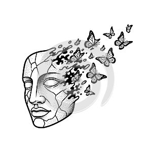 Fragmented Face Dissolving into Butterflies