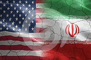 Cracked Flag of United States of America against Iran - indicates partnership, agreement, relationship, military and