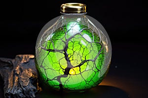 cracked flask with neon green liquid seeping onto a metallic surface