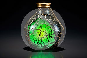 cracked flask with neon green liquid seeping onto a metallic surface