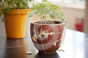 a cracked flowerpot repaired, and the plant reviving