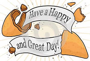 Cracked Fortune Cookie with Omen and Papers for a Happy Day, Vector Illustration