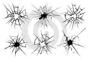 Cracked glass. Broken window, shattered glassy surface and break windshield glass texture silhouette vector illustration