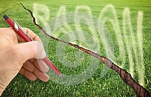 A cracked green mowed lawn with radon gas escaping - concept image with hand writing over it
