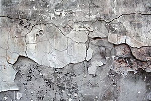 Cracked grey concrete wall with peeling white plaster. Grunge design