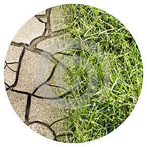Cracked ground and green meadow - climate change concept image - Round icon concept image - Photography in a circle