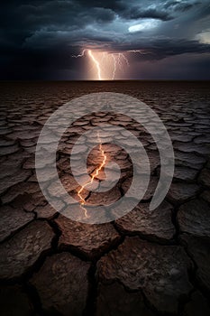 Cracked ground in stormy weather with dramatic sky AI