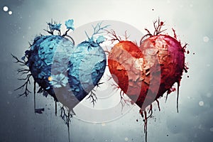 Cracked hearts with branches in grunge surreal mood . Valentines day greeting card