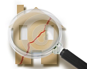 Cracked house icon - concept with a building with a deep crack in the wall seen through a magnifying glass