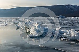Cracked ice on the frozen Lake Baikal, Russia