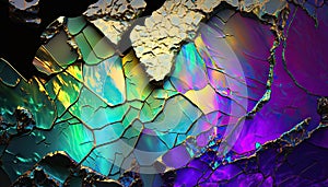 Cracked iridescent and opalescent surface texture. Polished spectrum colour, shiny textured marble stone. Natural volcanic mineral