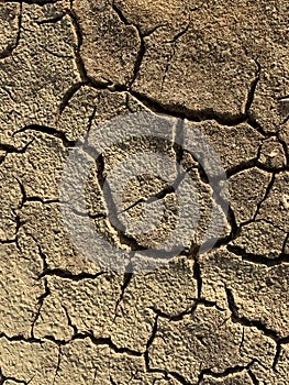 The cracked mud of the dry bottom of reservoir