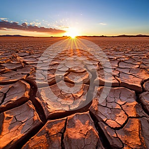 Cracked mud sand in a desert flood plain against a golden sunset background mud cracks.