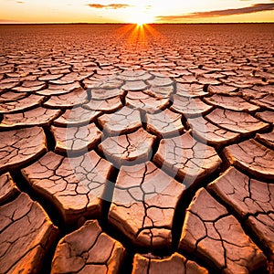 Cracked mud sand in a desert flood plain against a golden sunset background mud cracks.