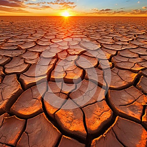 Cracked mud sand in a desert flood plain against a golden sunset background mud cracks.