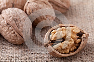 Cracked nut, kernel inside and Circassian walnuts