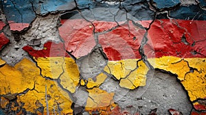 Cracked old plaster with German flag, concept of collapse and discord. Generative AI