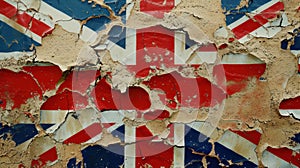 Cracked old plaster with Great Britain flag, concept of collapse and discord. Generative AI