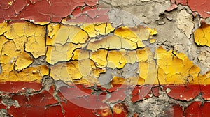 Cracked old plaster with Spanish flag, concept of collapse and discord. Generative AI
