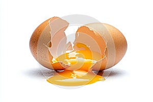 Cracked open eggshell with yolk spilling out, isolated on white background.