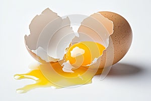 Cracked open eggshell with yolk spilling out, isolated on white background.