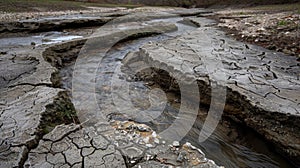 A cracked and parched riverbed its once flowing waters now reduced to a mere trickle unable to withstand the sweltering