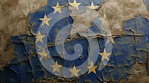 Cracked plaster with European Union flag, concept of collapse and discord. Generative AI