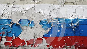 Cracked plaster with Russian flag, concept of collapse and discord. Generative AI