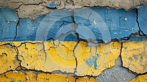 Cracked plaster with Ukrainian flag, concept of collapse and discord. Generative AI