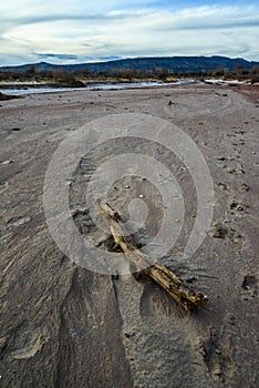 Cracked red clay and white salt on the surface in a dried riverbed in the desert of New Mexico, USA