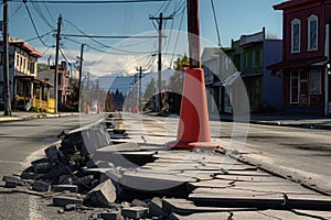 cracked road with fallen traffic sign post-quake