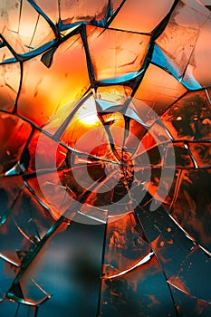 Cracked and shattered glass with metallic shards, reflecting a fiery sunset.