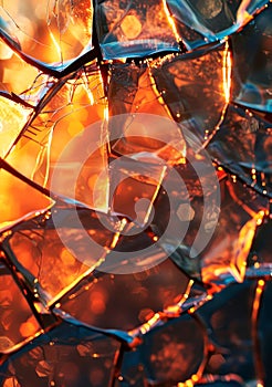 Cracked and shattered glass with metallic shards, reflecting a fiery sunset.