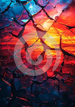 Cracked and shattered glass with metallic shards, reflecting a fiery sunset.