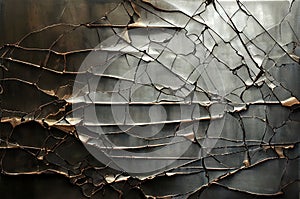 Cracked stainless steel shiny panel backround, distressed grunge background with golden, chromium and rusty elements