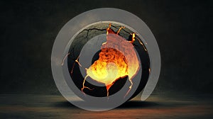 Cracked stone sphere revealing glowing core on dark background