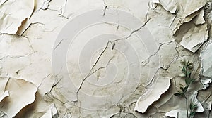 Cracked textured beige wall background with peeling paint and small plant