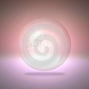 Cracked transparent sphere on red background