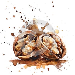 A cracked walnut, its rich texture and depth highlighted by watercolor with splashes