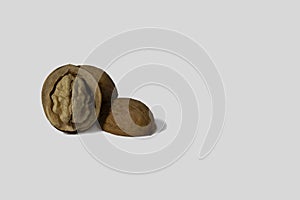 Cracked walnut on white. Walnuts Isolated on White Background. Walnut and a cracked walnut on white background.