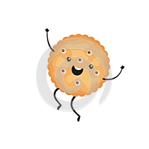 Cracker character. Funny biscuit cookie in cartoon style. Smiling chips, snack of circle shape on white background.