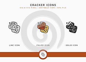 Cracker icons set vector illustration with solid icon line style. Cookie bite concept.