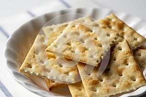 Crackers in a dish placed on a white background