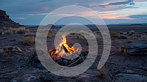 The crackle of a campfire echoes through a quiet desert landscape providing a sense of peace and solitude to those who