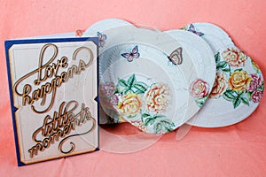 crackle paint & decoupage flower metal hearts, card sign love happens in the little moments